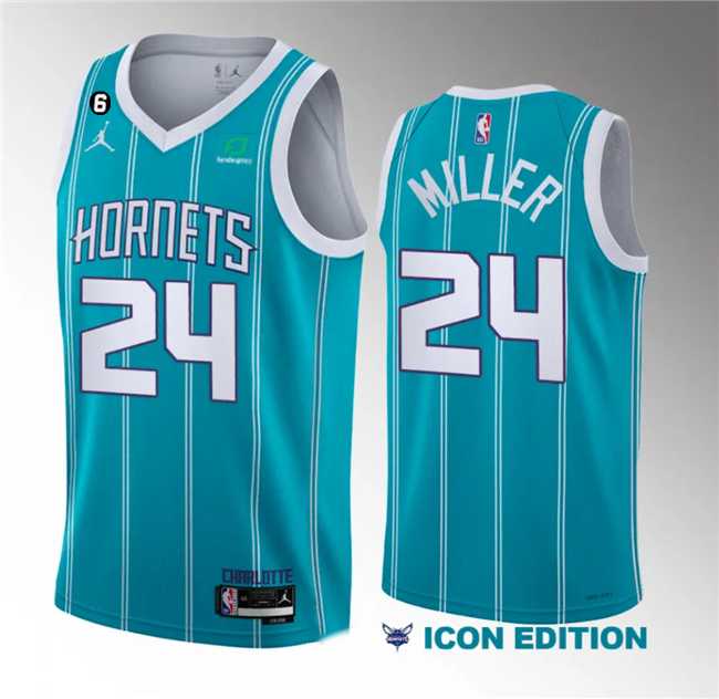 Mens Charlotte Hornets #24 Brandon Miller Blue 6 Patch Sponsor 2023 Icon Edition Stitched Jersey Dzhi->charlotte hornets->NBA Jersey